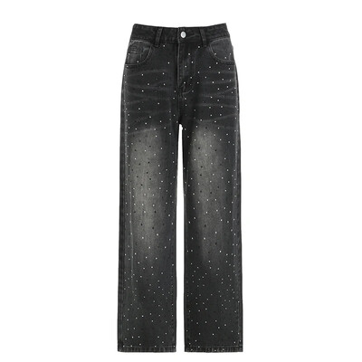 Streetwear Blugi cu strasuri Femei cu talie înaltă Moda largi, drepte, cu picioare late, pantaloni din denim șic, grunge, Harajuku, pantaloni cargo