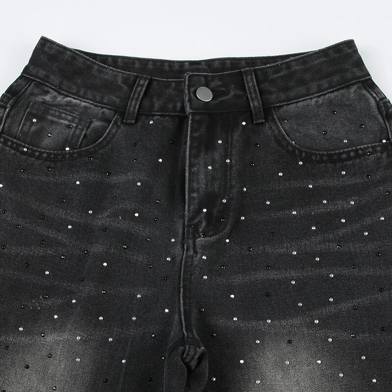Streetwear Blugi cu strasuri Femei cu talie înaltă Moda largi, drepte, cu picioare late, pantaloni din denim șic, grunge, Harajuku, pantaloni cargo