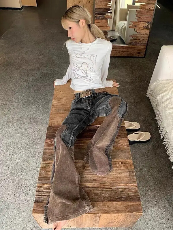 Vintažinės plokštės su kutais Džinsai Suvaržytos tiesios kelnės Netaisyklingos plokštės Kelnės aukštu liemeniu Džinsai Gatvės apranga moterims