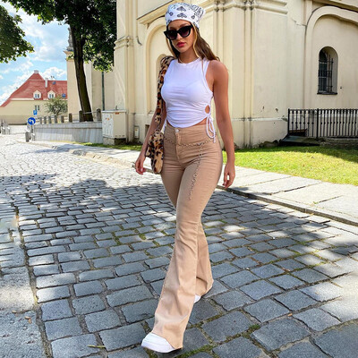 Dámske džínsy s vysokým pásom, vintage khaki, džínsové nohavice Y2K, streetwear, Harajuku, strečové capri, dámske módne tepláky