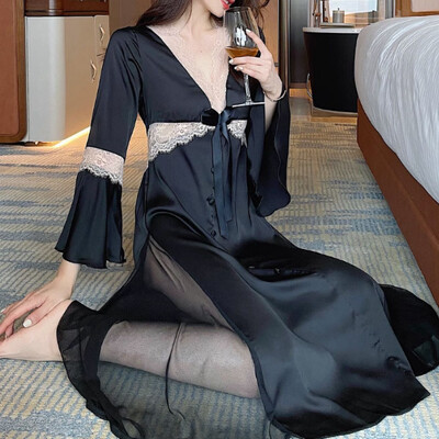 Cămașă de noapte lungă pentru femeie, sexy, cu decolteu în V, cu finisaje din dantelă, Cămașă de noapte, în stil palat, Lenjerie de noapte prințesă, rochie de acasă din satin de mătase.