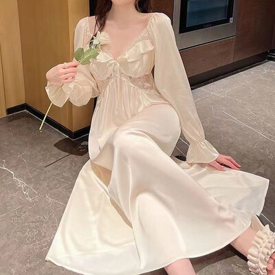 Cămașă de noapte lungă pentru femeie, sexy, cu decolteu în V, cu finisaje din dantelă, Cămașă de noapte, în stil palat, Lenjerie de noapte prințesă, rochie de acasă din satin de mătase.