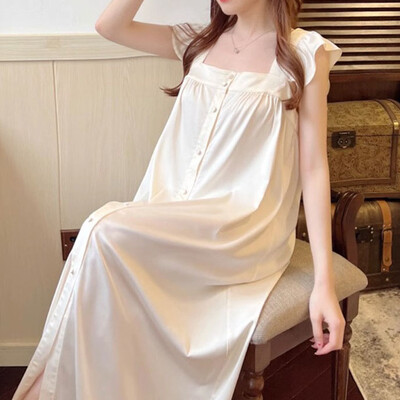 Cămașă de noapte lungă pentru femeie, sexy, cu decolteu în V, cu finisaje din dantelă, Cămașă de noapte, în stil palat, Lenjerie de noapte prințesă, rochie de acasă din satin de mătase.