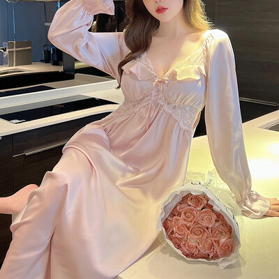 Cămașă de noapte lungă pentru femeie, sexy, cu decolteu în V, cu finisaje din dantelă, Cămașă de noapte, în stil palat, Lenjerie de noapte prințesă, rochie de acasă din satin de mătase.