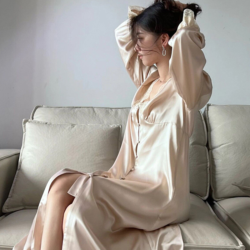 Cămașă de noapte lungă pentru femeie, sexy, cu decolteu în V, cu finisaje din dantelă, Cămașă de noapte, în stil palat, Lenjerie de noapte prințesă, rochie de acasă din satin de mătase.