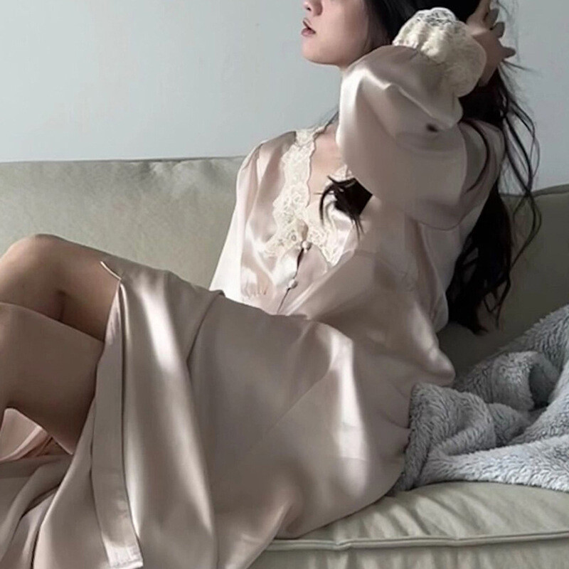 Cămașă de noapte lungă pentru femeie, sexy, cu decolteu în V, cu finisaje din dantelă, Cămașă de noapte, în stil palat, Lenjerie de noapte prințesă, rochie de acasă din satin de mătase.