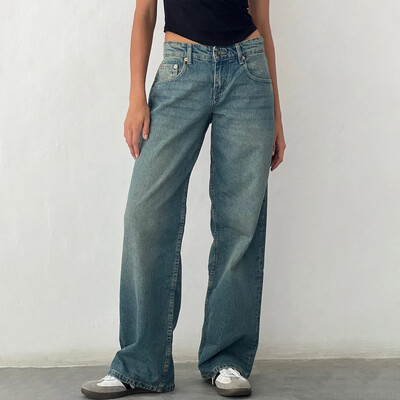 Blugi boyfriend de damă cu talie joasă Y2K Blugi largi, drepți, pantaloni vintage din denim, blugi casual largi, îmbrăcăminte de stradă retro