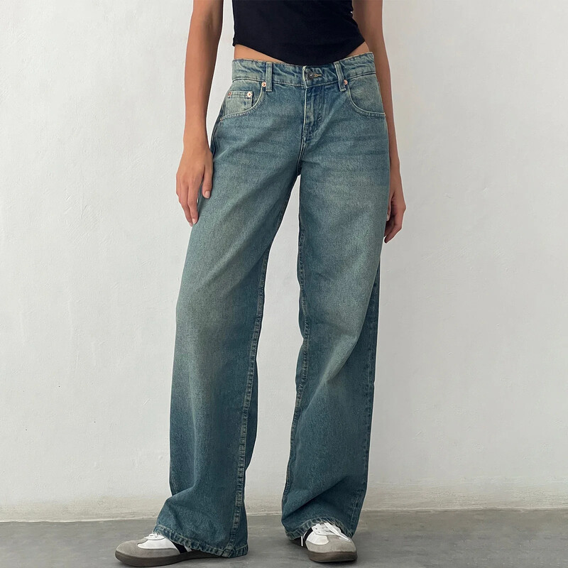 Blugi boyfriend de damă cu talie joasă Y2K Blugi largi, drepți, pantaloni vintage din denim, blugi casual largi, îmbrăcăminte de stradă retro
