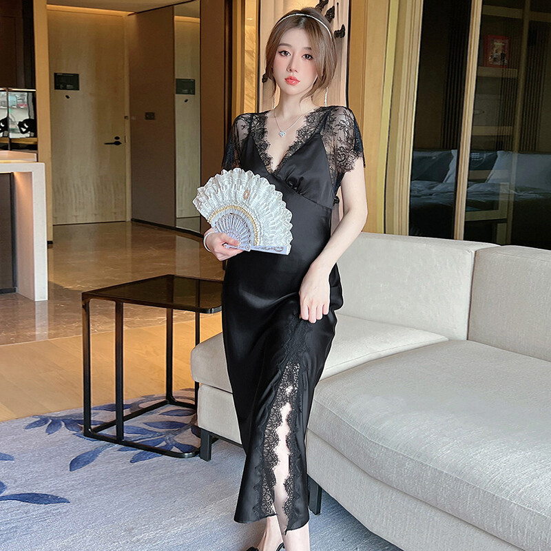 Női szatén selyem hosszú hálóruha szatén selyem hálóruha női csipke V nyakú éjszakai ruha hálóing hálóruha házi ruha