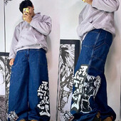 Hiphopo stiliaus didelės raidės Animacinių filmų spaudiniai Mėlyni džinsai Vyrai ir moterys 2024 m. rudenį Naujos Harajuku laisvos iki grindų kelnės