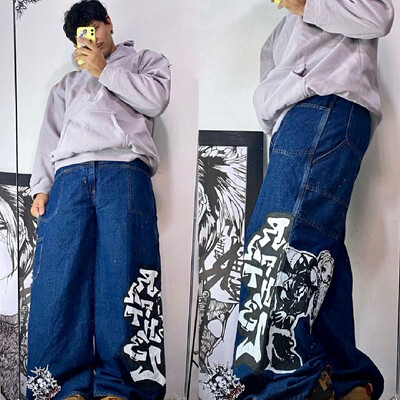 Hiphopo stiliaus didelės raidės Animacinių filmų spaudiniai Mėlyni džinsai Vyrai ir moterys 2024 m. rudenį Naujos Harajuku laisvos iki grindų kelnės