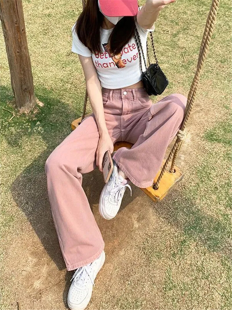 Y2k rózsaszín magas derekú kauzális széles szárú farmer, női egyenes 2024 új tavaszi, egyenes lábú, bő szabású karcsúsító amerikai farmer nadrág