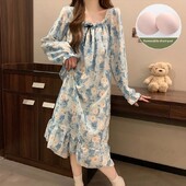 Γυναικεία Ins Live Streaming Chest Pad Πιτζάμες Μακρυμάνικο Φόρεμα ύπνου μεσαίου μήκους Καλοκαιρινή ένδυση σε στυλ Princess