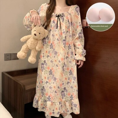 Γυναικεία Ins Live Streaming Chest Pad Πιτζάμες Μακρυμάνικο Φόρεμα ύπνου μεσαίου μήκους Καλοκαιρινή ένδυση σε στυλ Princess