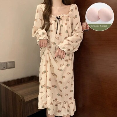 Γυναικεία Ins Live Streaming Chest Pad Πιτζάμες Μακρυμάνικο Φόρεμα ύπνου μεσαίου μήκους Καλοκαιρινή ένδυση σε στυλ Princess
