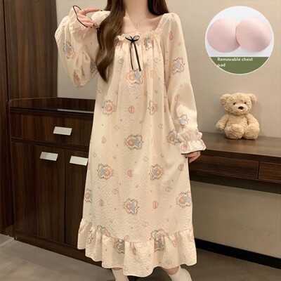 Γυναικεία Ins Live Streaming Chest Pad Πιτζάμες Μακρυμάνικο Φόρεμα ύπνου μεσαίου μήκους Καλοκαιρινή ένδυση σε στυλ Princess