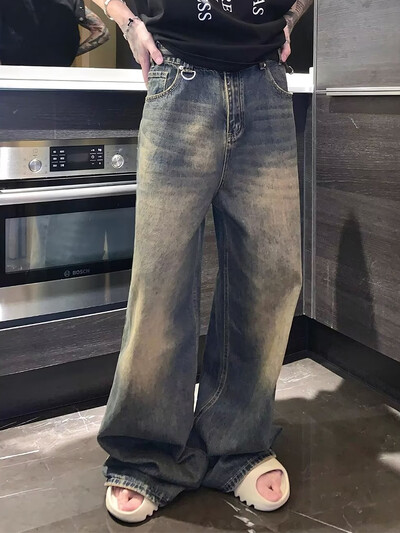 Pánske vrecovité rovné džínsy, zúfalé modré, módne mládežnícke streetwear džínsové nohavice, osobnosť, hip hop, pánske nohavice, trendy značka