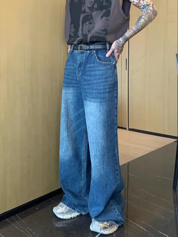 Pánske vrecovité rovné džínsy, zúfalé modré, módne mládežnícke streetwear džínsové nohavice, osobnosť, hip hop, pánske nohavice, trendy značka