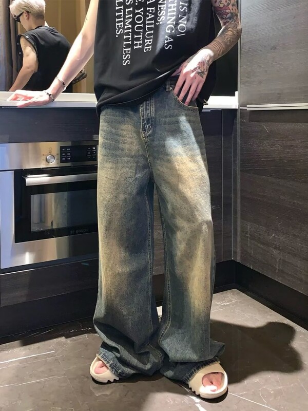 Pánske vrecovité rovné džínsy, zúfalé modré, módne mládežnícke streetwear džínsové nohavice, osobnosť, hip hop, pánske nohavice, trendy značka