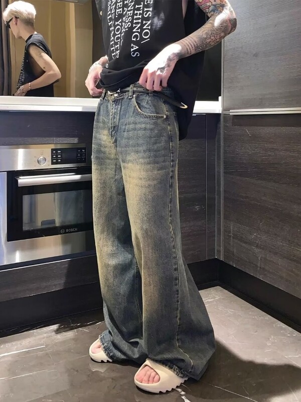 Pánske vrecovité rovné džínsy, zúfalé modré, módne mládežnícke streetwear džínsové nohavice, osobnosť, hip hop, pánske nohavice, trendy značka
