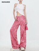 Dámske džínsy American Sweet Y2K Baggy 2000s Denim Trouser, ružové, s leopardím vzorom, ležérne nohavice High Street s vysokým pásom a šmrncom