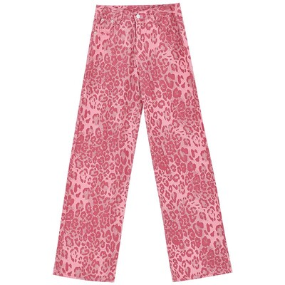 Dámske džínsy American Sweet Y2K Baggy 2000s Denim Trouser, ružové, s leopardím vzorom, ležérne nohavice High Street s vysokým pásom a šmrncom