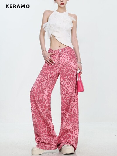 American Sweet Y2K Baggy 2000. gadu džinsa bikses Sieviešu mazgātas rozā leoparda raksta ikdienas bikses High Street High Waist Trashy džinsi