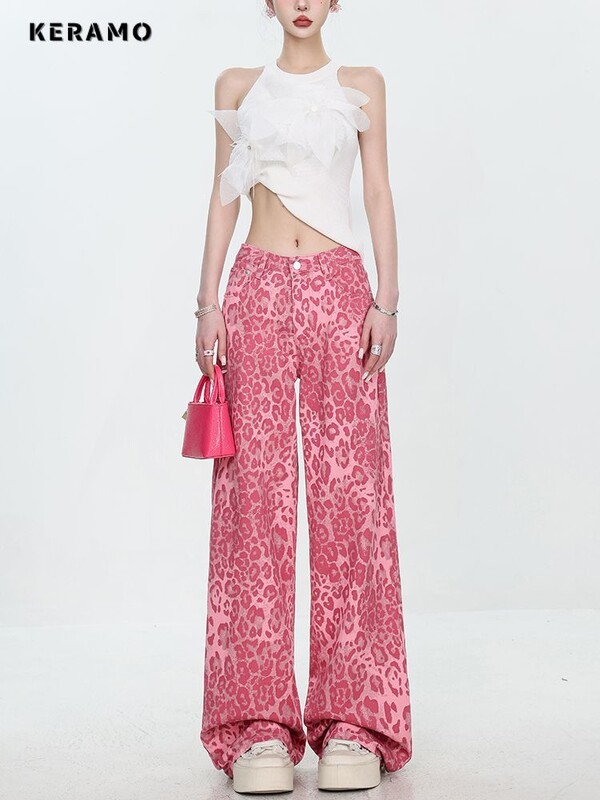 Dámske džínsy American Sweet Y2K Baggy 2000s Denim Trouser, ružové, s leopardím vzorom, ležérne nohavice High Street s vysokým pásom a šmrncom