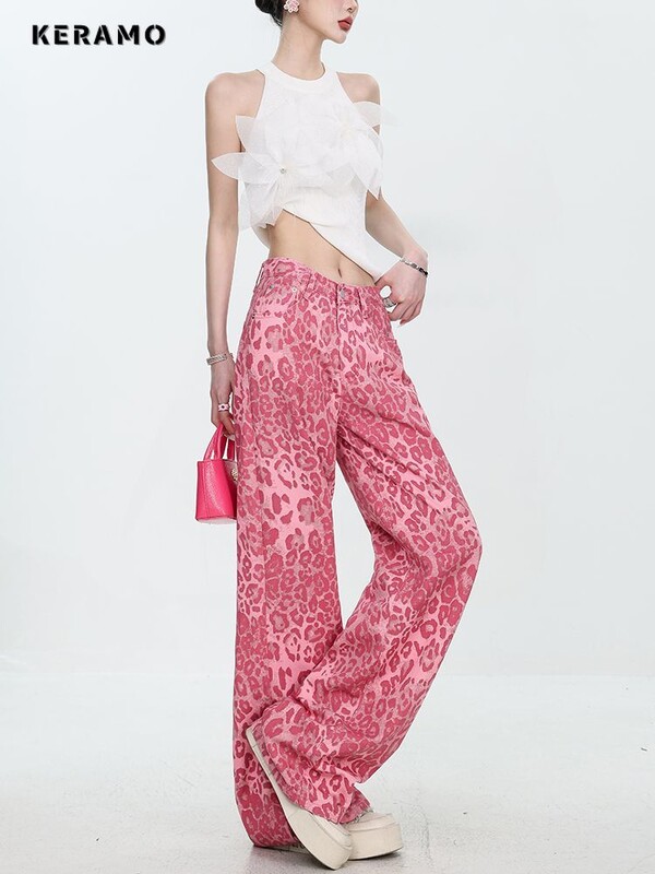 Dámske džínsy American Sweet Y2K Baggy 2000s Denim Trouser, ružové, s leopardím vzorom, ležérne nohavice High Street s vysokým pásom a šmrncom