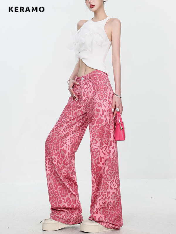 Dámske džínsy American Sweet Y2K Baggy 2000s Denim Trouser, ružové, s leopardím vzorom, ležérne nohavice High Street s vysokým pásom a šmrncom