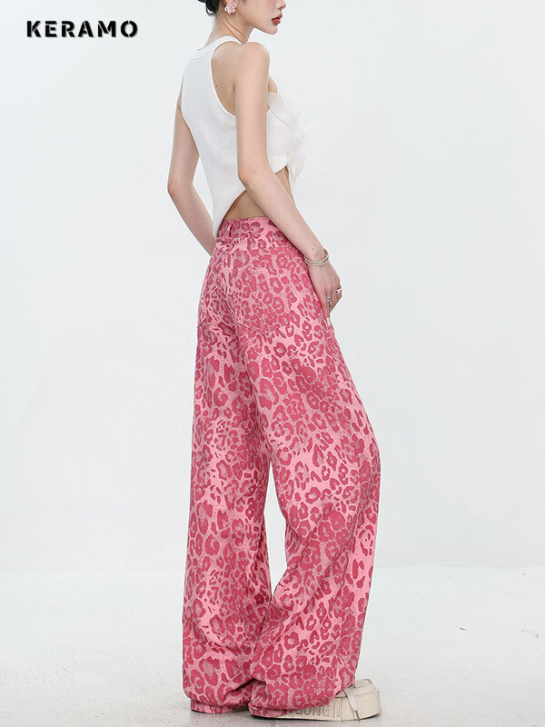 Dámske džínsy American Sweet Y2K Baggy 2000s Denim Trouser, ružové, s leopardím vzorom, ležérne nohavice High Street s vysokým pásom a šmrncom