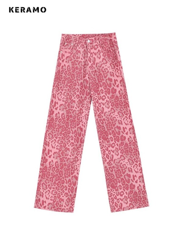 Dámske džínsy American Sweet Y2K Baggy 2000s Denim Trouser, ružové, s leopardím vzorom, ležérne nohavice High Street s vysokým pásom a šmrncom