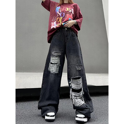 Dámske roztrhané džínsy MEXZT Y2K, vintage nadrozmerné čierne džínsy so širokými nohavicami, Harajuku Streetwear, gotické, s vysokým pásom a vrecovitými nohavicami