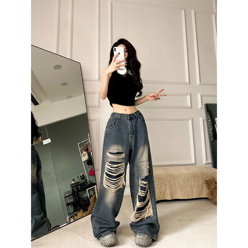 Dámske roztrhané džínsy MEXZT Y2K, vintage nadrozmerné čierne džínsy so širokými nohavicami, Harajuku Streetwear, gotické, s vysokým pásom a vrecovitými nohavicami