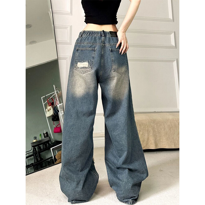 Dámske roztrhané džínsy MEXZT Y2K, vintage nadrozmerné čierne džínsy so širokými nohavicami, Harajuku Streetwear, gotické, s vysokým pásom a vrecovitými nohavicami