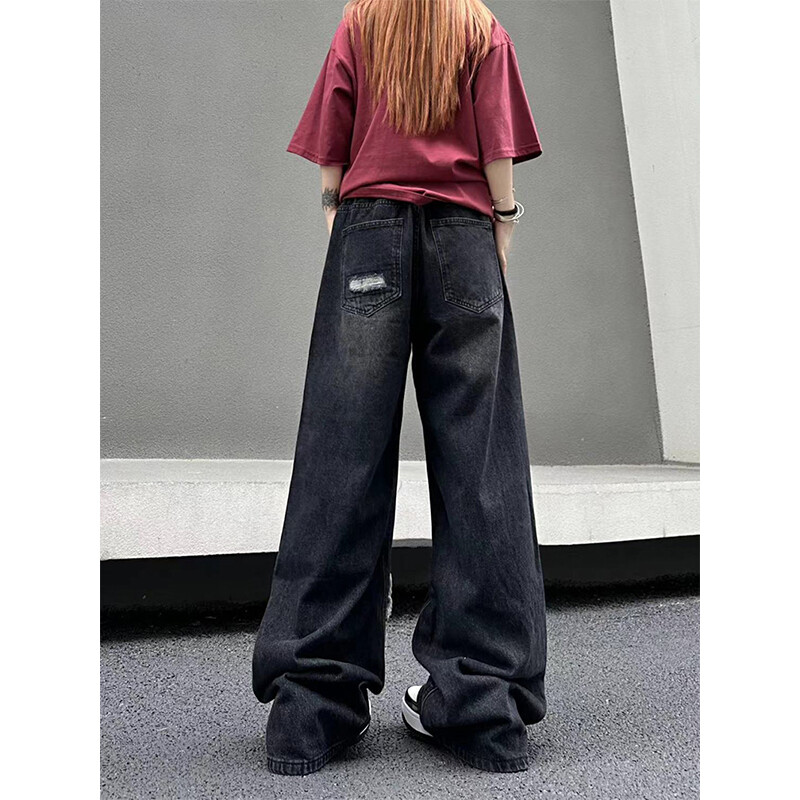 Dámske roztrhané džínsy MEXZT Y2K, vintage nadrozmerné čierne džínsy so širokými nohavicami, Harajuku Streetwear, gotické, s vysokým pásom a vrecovitými nohavicami
