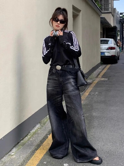 HOUZHOU Grunge Y2k juodi džinsai, moteriški maišyti vintažiniai džinsiniai kelnės su aukštu juosmeniu plačiomis kojomis korėjietiški gatvės drabužiai, moteriški retro stiliaus
