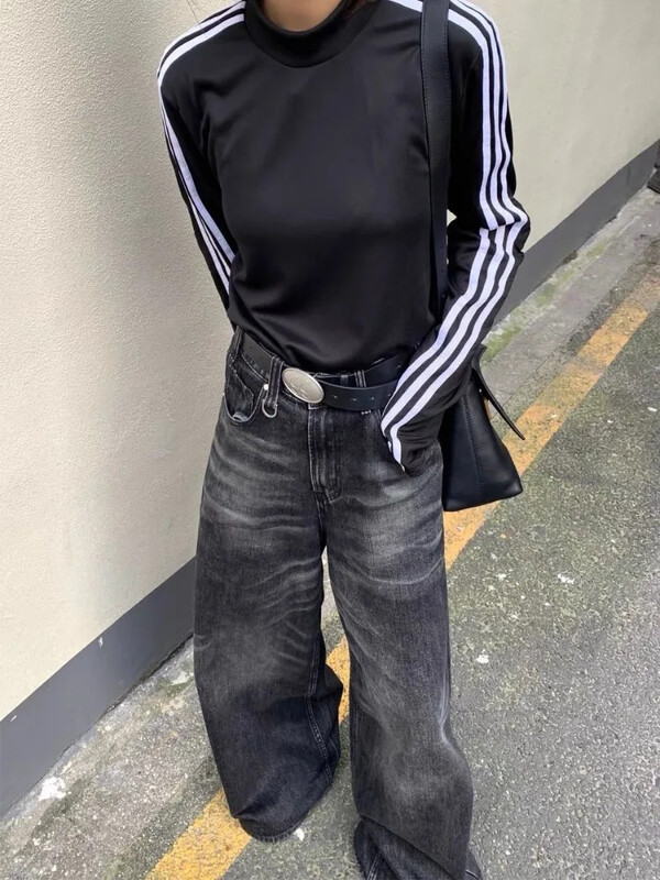 HOUZHOU Grunge Y2k Čierne džínsy Dámske vrecovité vintage nadrozmerné džínsové nohavice s vysokým pásom Široké nohavice Kórejské streetwear Dámske Retro
