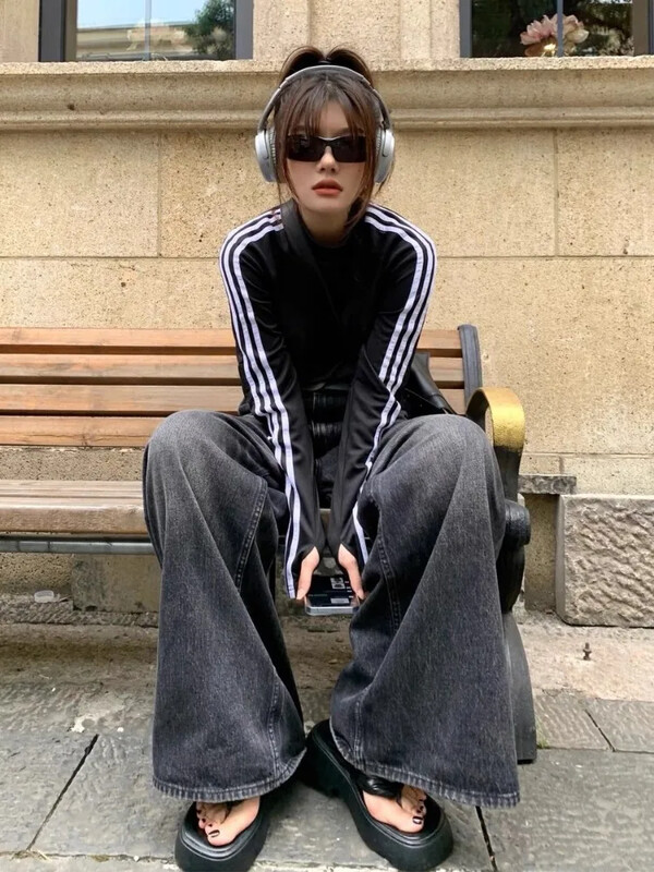 HOUZHOU Grunge Y2k Čierne džínsy Dámske vrecovité vintage nadrozmerné džínsové nohavice s vysokým pásom Široké nohavice Kórejské streetwear Dámske Retro