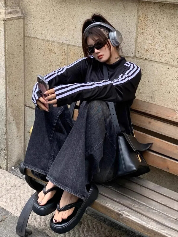 HOUZHOU Grunge Y2k Čierne džínsy Dámske vrecovité vintage nadrozmerné džínsové nohavice s vysokým pásom Široké nohavice Kórejské streetwear Dámske Retro