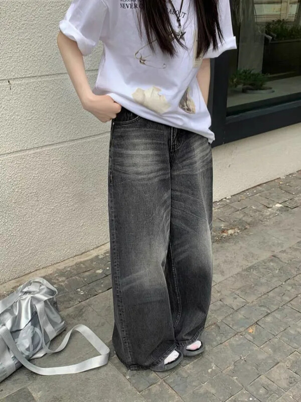 HOUZHOU Grunge Y2k Čierne džínsy Dámske vrecovité vintage nadrozmerné džínsové nohavice s vysokým pásom Široké nohavice Kórejské streetwear Dámske Retro