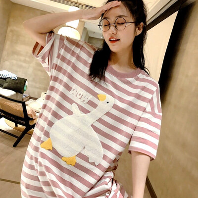 Сладка дълга нощница Лятна дамска млечна копринена нощница Kawaii Райе Животински корейски пижами Спално облекло с кръгла яка Домашна рокля