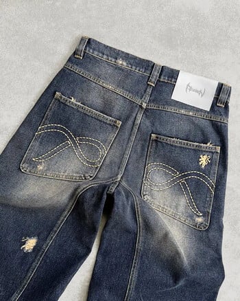 America Y2k Vintage Fashion Raw Edge Tear Hole Washed Jeans Patchwork Embroidery Baggy Denim Pants Men Women Straight Streetwear