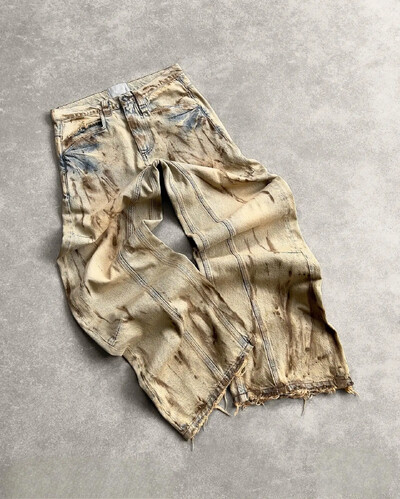 Americké vintage džínsy Y2k s raw edge a dierkou, vyprané, patchworkové, výšivky, vrecovité džínsy, pánske, dámske, rovné, streetwear