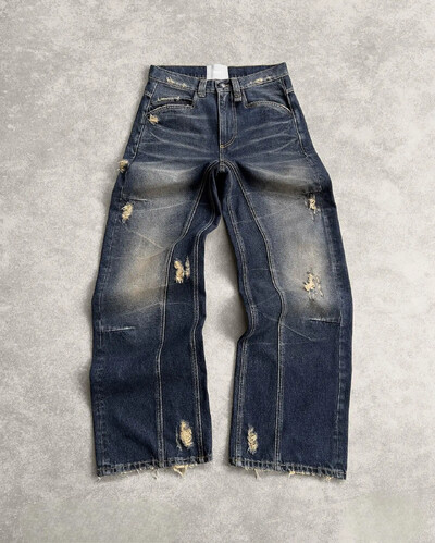 Americké vintage džínsy Y2k s raw edge a dierkou, vyprané, patchworkové, výšivky, vrecovité džínsy, pánske, dámske, rovné, streetwear