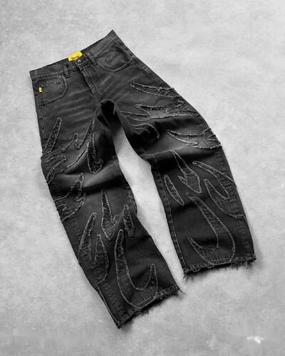 Americké vintage džínsy Y2k s raw edge a dierkou, vyprané, patchworkové, výšivky, vrecovité džínsy, pánske, dámske, rovné, streetwear
