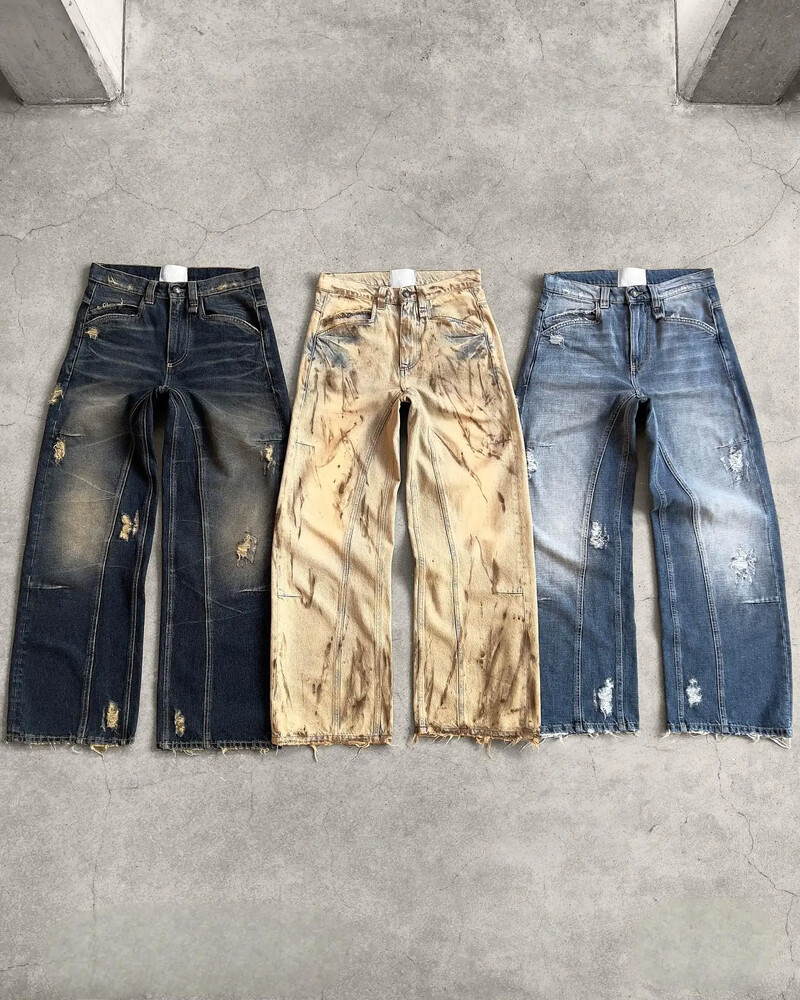 Americké vintage džínsy Y2k s raw edge a dierkou, vyprané, patchworkové, výšivky, vrecovité džínsy, pánske, dámske, rovné, streetwear