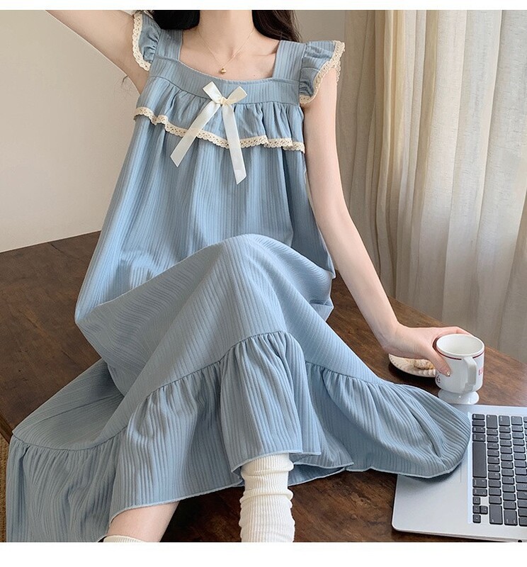 Nauji moteriški naktiniai marškiniai su pagalvėlėmis Moteriški naktiniai marškiniai vasaros saldus princesės vėjas ilgoje dalyje gali būti dėvimi ne namuose