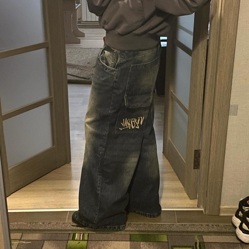 Y2K Harajuku naujos gotikinės, senos, skalbtos raidės, spausdintos maišeliais džinsai, moteriški gatvės drabužiai, madingi senoviniai laisvalaikio kelnės aukštu juosmeniu plačiomis kojomis