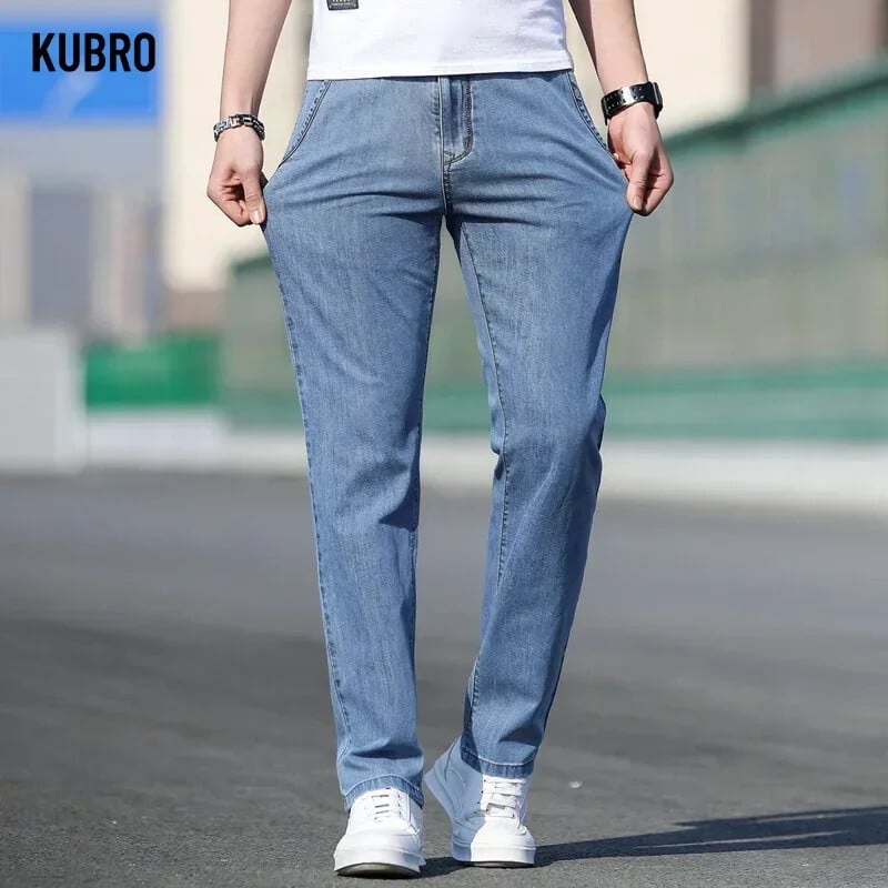 KUBRO 2024, vară, noi, blugi gri stretch pentru bărbați, la modă, ocazional, stretch, pantaloni din denim cu picioare drepte, pentru bărbați, marcă albastru deschis
